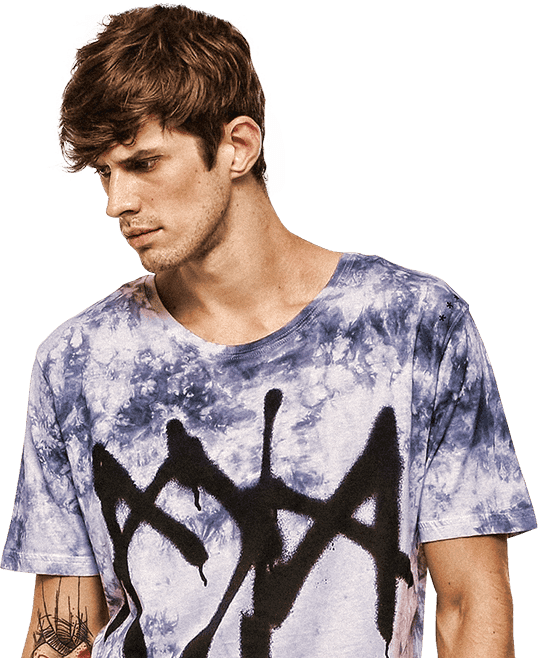 Model wearing custom printed t-shirt